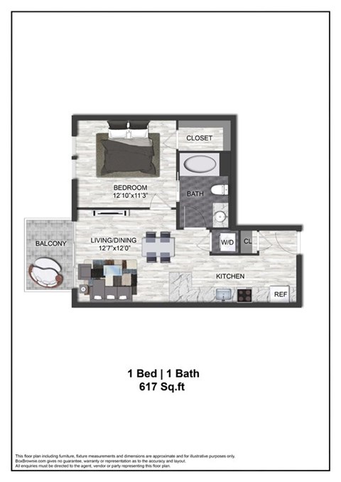 Floor plan for 1 bed, 1 bath, 617 sqft